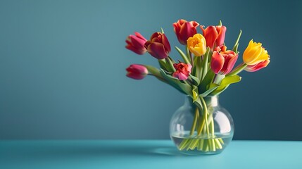 Beautiful and colorful tulips in a glass vase on blue background