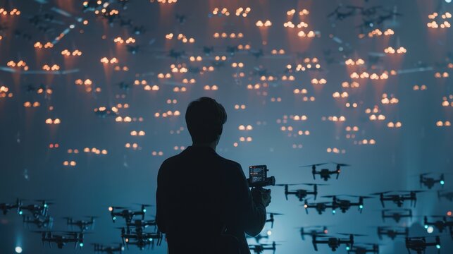 A person stands captivated by a stunning aerial drone light show inside a large venue