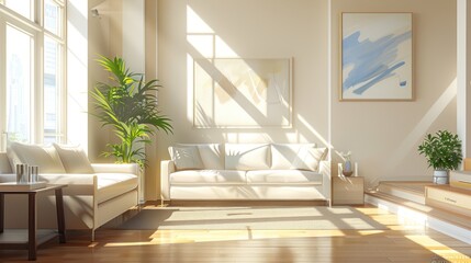 Fototapeta premium Sunlight Streaming Through Windows In Minimalist Living Room