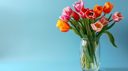 Beautiful bouquet of tulips in glass vase on blue background
