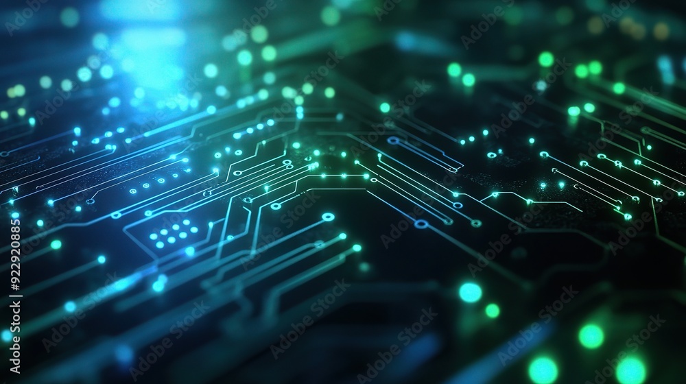 Poster digital intelligence: a mesmerizing close-up of a circuit board, illuminated by glowing pathways of 