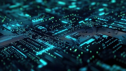 Obraz premium Cybernetic Cityscape: A mesmerizing 3D render of a futuristic circuit board, pulsating with turquoise energy, evoking the intricate beauty and power of technology. 