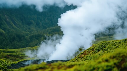 Steam rising from a geothermal vent in a lush green landscape.