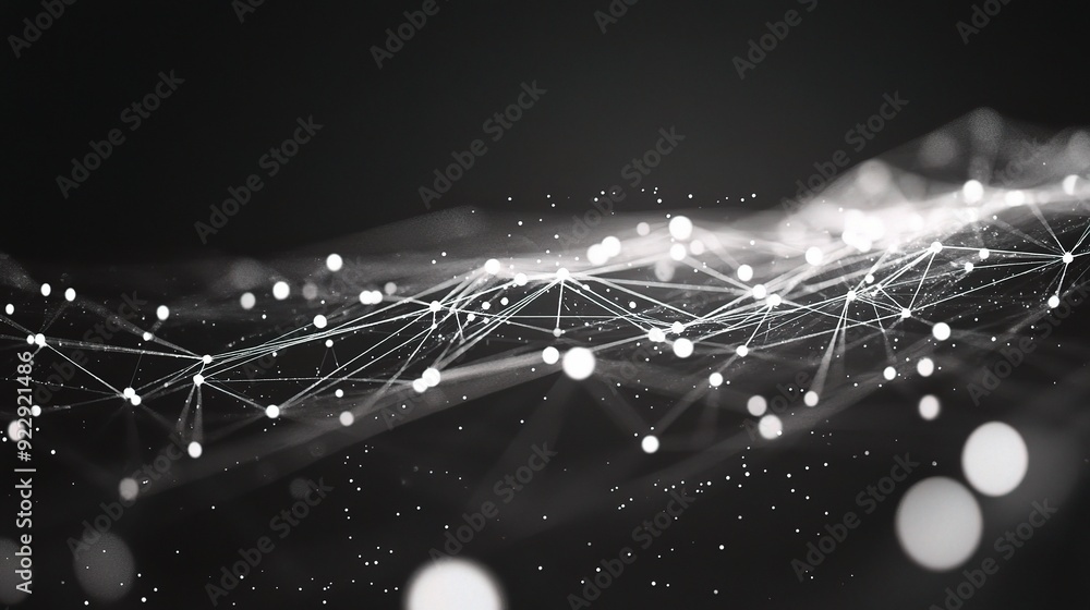 Poster Digital Network Connections: A dark and abstract representation of data flow, with glowing nodes and lines forming a complex web of information exchange. 