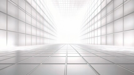 Obraz premium Infinite Corridor: A Journey of Light and Space - Modern architecture's pristine white tiles guide the eye through a luminous tunnel, promising endless possibilities and a bright future. 