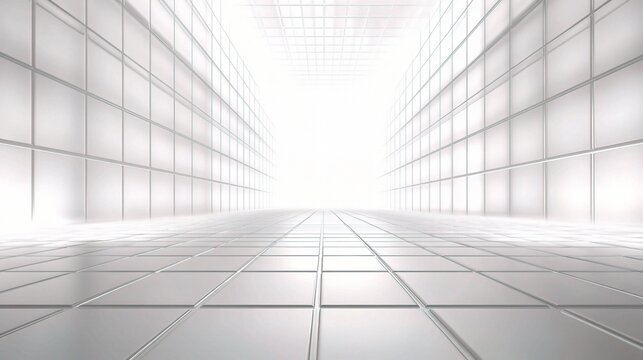 Infinite Corridor: A Journey of Light and Space - Modern architecture's pristine white tiles guide the eye through a luminous tunnel, promising endless possibilities and a bright future. 