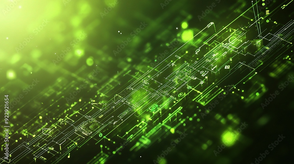 Poster emerald network convergence: dive into a vibrant green digital landscape, where intricate data strea
