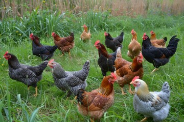 A vibrant flock of chickens roaming freely in a lush green meadow during the golden hour of late afternoon. Generative AI