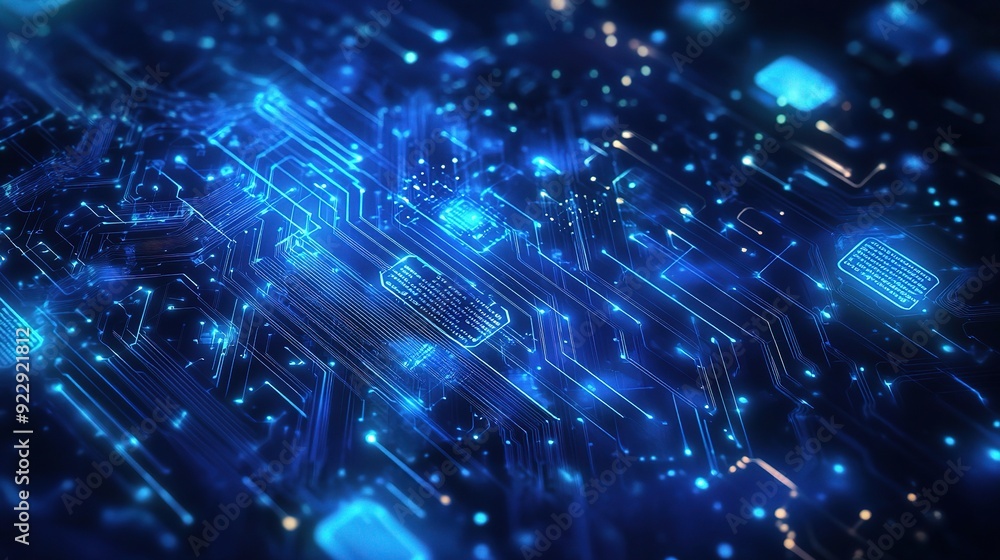 Aufkleber digital circuitry: a mesmerizing close-up of glowing blue circuit board, an abstract representation 