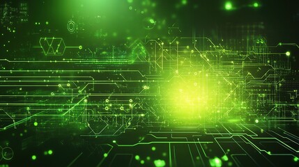 Obraz premium Abstract Green Circuitry: A mesmerizing digital art abstract of green glowing circuitry, with a bright yellow light emanating from its center. Ideal for tech, innovation, and futuristic concepts. 