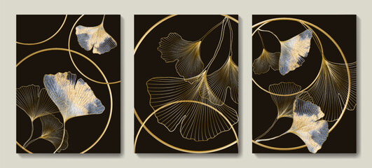 Luxury art background with ginkgo leaves on rings with line art elements in gold color. Set of botanical posters for wallpaper, poster, banner, packaging, cover, postcard, interior design