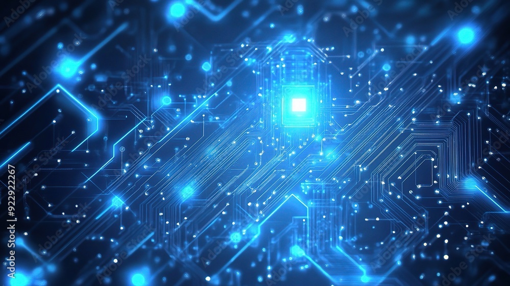 Poster cybernetic symphony: a mesmerizing close-up of a futuristic circuit board, awash in vibrant blue lig