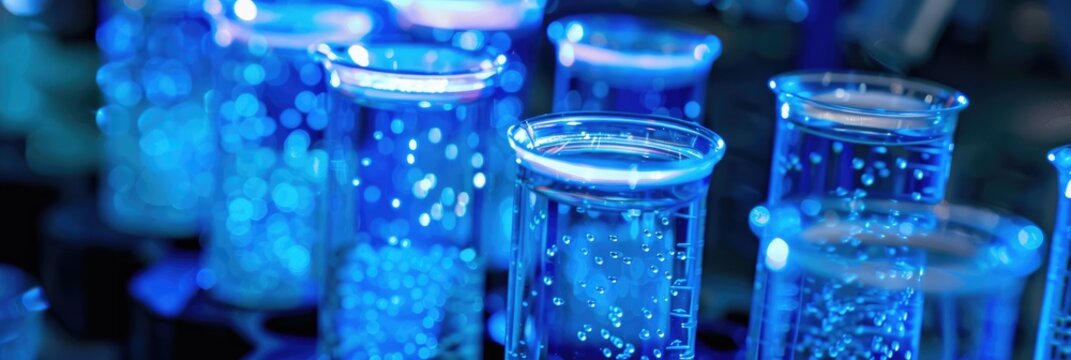 Bacterial cell pellets in tubes illuminated by blue light, showcasing E. coli expressing fluorescent proteins YFP, RFP, and GFP.