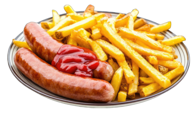 A plate of hot dogs and french fries with ketchup