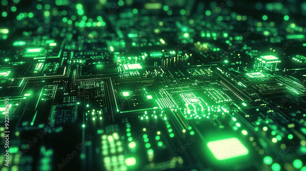 Poster digital circuitry: a mesmerizing close-up of a glowing green circuit board, showcasing the intricate