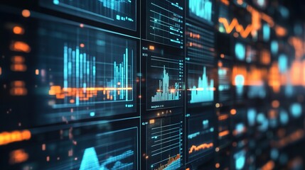 Fototapeta premium Data Symphony in Blue and Orange: A symphony of data visualisations in blue and orange hues, representing the intricate dance of information in the digital age. 