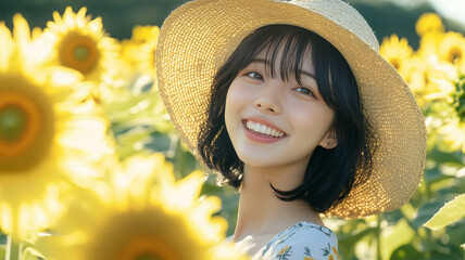 ひまわりの中の日本人モデル