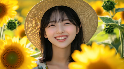 ひまわりの中の日本人モデル