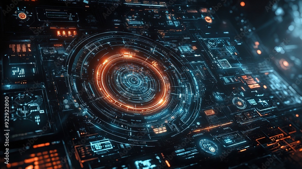 Poster cybernetic interface: a mesmerizing abstract image of glowing blue and orange circuitry, reminiscent