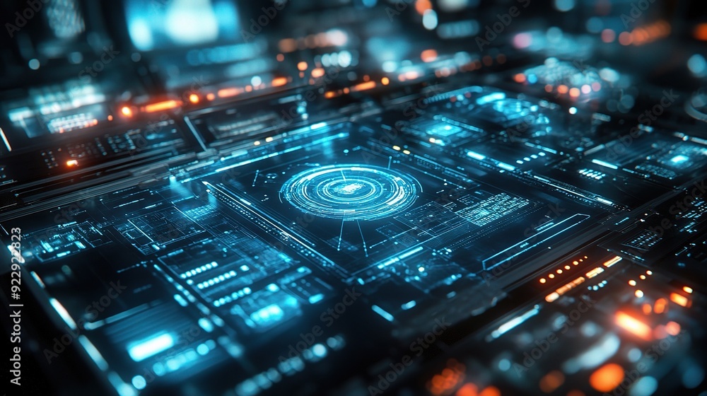 Poster cybernetic core: a mesmerizing abstract image depicting a futuristic tech interface with glowing blu