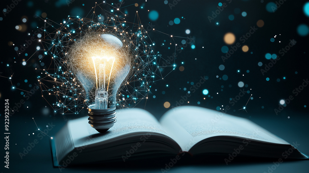 Poster a light bulb glowing above an open book, surrounded by floating symbols and particles, representing 