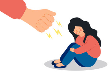 Domestic violence concept. Big fist threatens girl. Woman suffers from domestic violence in her family. Domestic violence and abuse. Illustration of concept of ending violence against women.