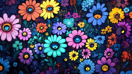 Enchanting Field of Floral Blooms with Mystical Eyes