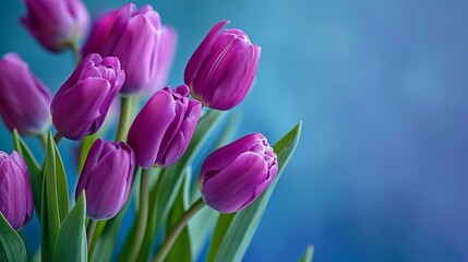 Fototapeta premium bunch violet tulips on blue background