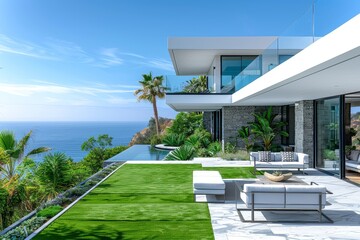 Fototapeta premium Los Angeles Oceanfront Yard with Artificial Grass, Modern Furniture, and Sleek Architectural Design