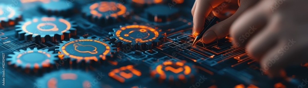 Poster a close-up of hands working on a circuit board with gears, showcasing the blend of technology and in