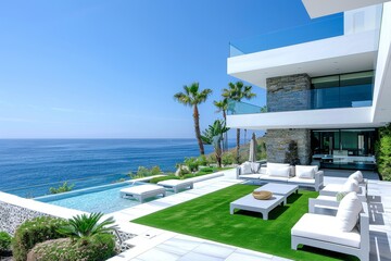Fototapeta premium Los Angeles Oceanfront Yard with Artificial Grass, Modern Furniture, and Sleek Architectural Design
