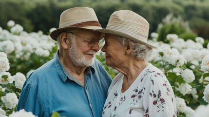 Mature Couple Gardening Together in Lush Flower Field with Vibrant Blooms and Deep Depth of Field  Elderly Retirees Enjoying Leisure Time Outdoors Sharing Passion for Horticulture