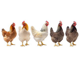 A row of five chickens of different colors