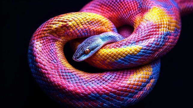 Close-up of a wild python with detailed scales isolated on black background