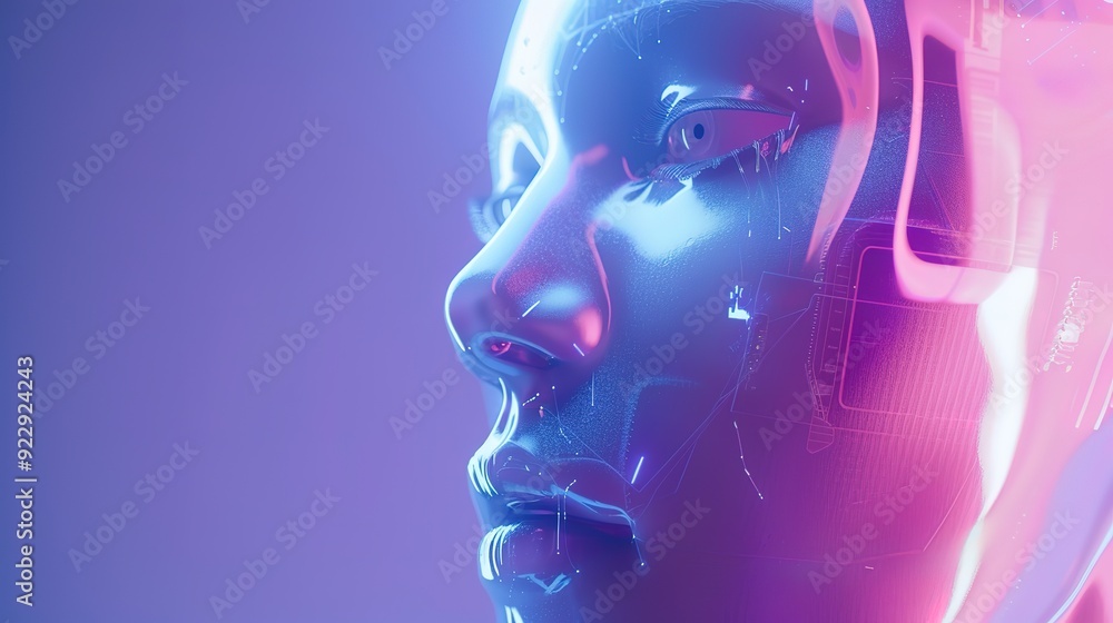 Poster spectacular robot face on white background digital interface with line connection