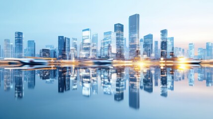 Fototapeta premium Stunning city skyline reflecting on calm water at dawn, showcasing modern architecture and vibrant urban life.