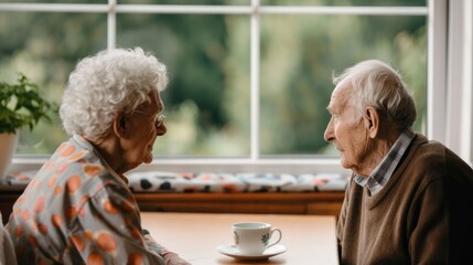 An elderly couple sitting comfortably by a sunny window sharing a warm cup of tea in the afternoon  The serene blurred background creates a cozy intimate atmosphere