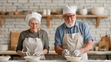 Senior Couple Crafting Homemade Gifts and Crafts with Various Art Supplies Like Paints Ceramics and Woodworking Tools in the Cozy Kitchen Setting