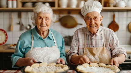 Senior elderly couple baking and preparing homemade cookies cakes and other pastries together in their warm and cozy kitchen filled with vintage decor kitchenware and utensils