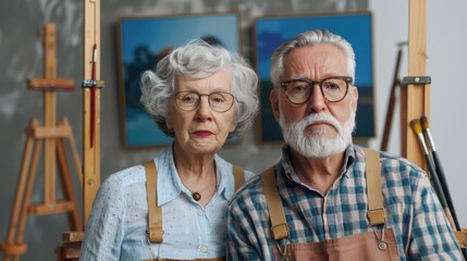 Elderly Couple Immersed in the Creative Process Painting and Drawing with Easels and Brushes in a Studio Setting Enjoying a Fulfilling Retirement Activity Together