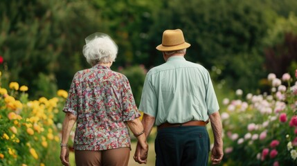 Senior Couple Strolling Through the Blooming Garden Holding Hands Lovingly and Enjoying the Peaceful Scenery Together in Their Retirement Years