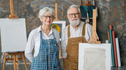 Elderly creative couple engaged in painting and drawing with their art easels and brushes in a studio or workspace setting exploring their talents and hobbies during retirement