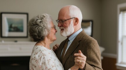 Loving Embracing Elderly Couple Dancing and Swaying to Their Favorite Tunes in the Comfort of Their Living Room With a Deep Depth of Field Background