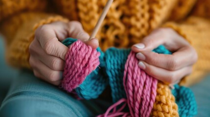 Senior Couple Enjoying a Cozy Afternoon of Knitting and Crocheting with Vibrant Colored Yarn in a Macro Close up View Showcasing the Intricate Craft and Passion of the Hobby
