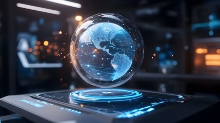 Futuristic 3D Holographic Globe Displaying Real Time Global Data and Search Queries