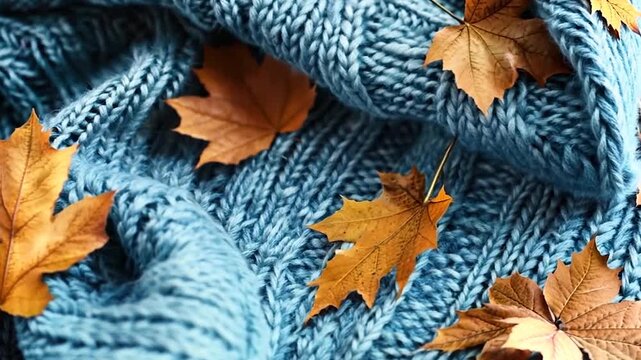 Cozy knitted blanket and fall leaves with copy space