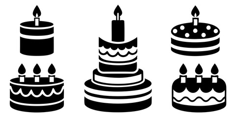 Birthday cake icons. Set of silhouette birthday cake icon vector art illustration.

