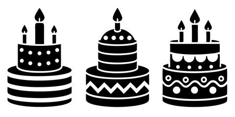 Birthday cake icons. Set of silhouette birthday cake icon vector art illustration.
