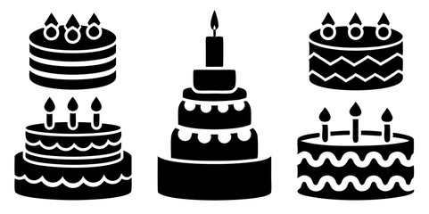 Birthday cake icons. Set of silhouette birthday cake icon vector art illustration.
