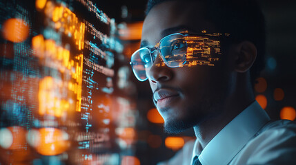 A businessman utilizing AI technology analyze complex data sets in real-time, showcasing the precision and speed of data analysis. 